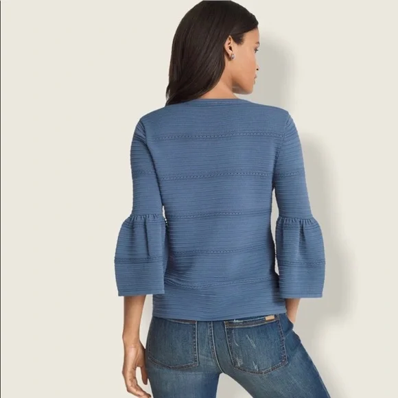 WHBM Blue Drama Bell Sleeve Pointelle Sweater - Picture 3 of 7